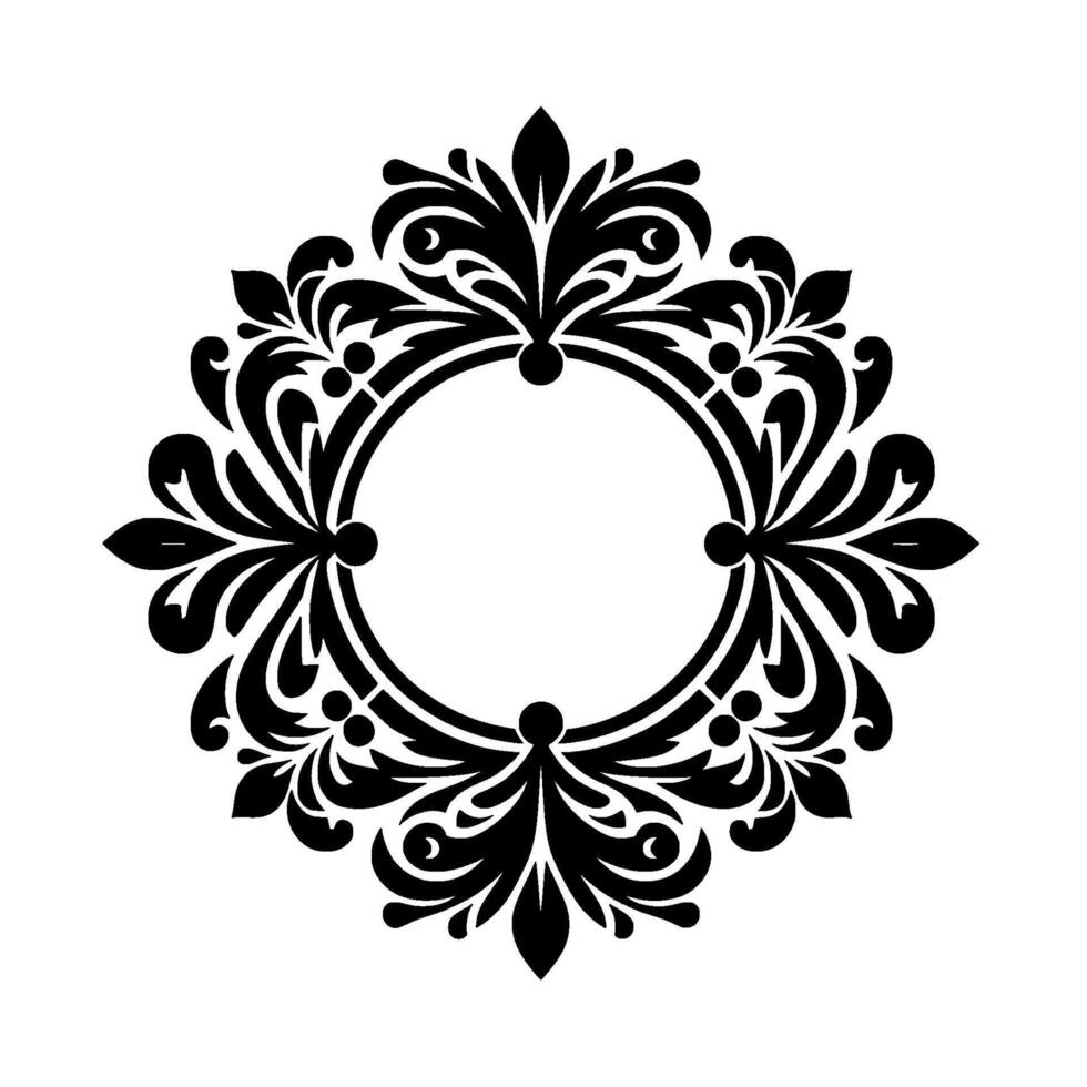 Elegant symmetrical floral design, a black and white ornate circular frame with botanical patterns surrounding a blank center, isolated on white. vector