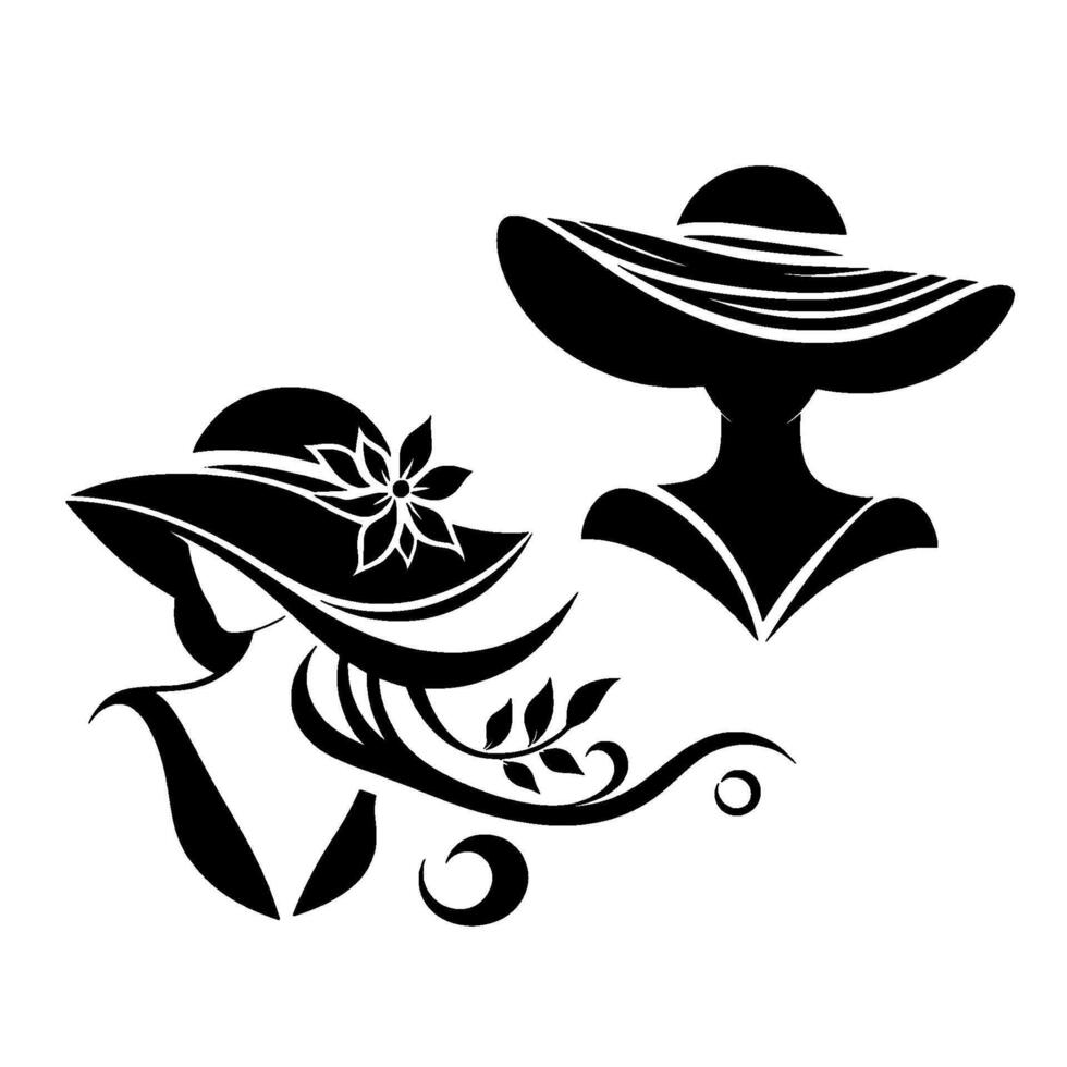 Elegant black and white silhouettes of ladies in sun hats with floral and decorative accents against a white background. vector
