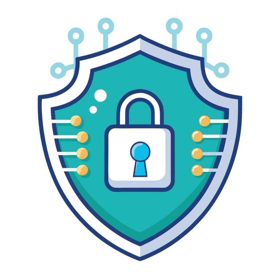Stylized Shield Icon with Digital Lock and Modern Design Elements vector