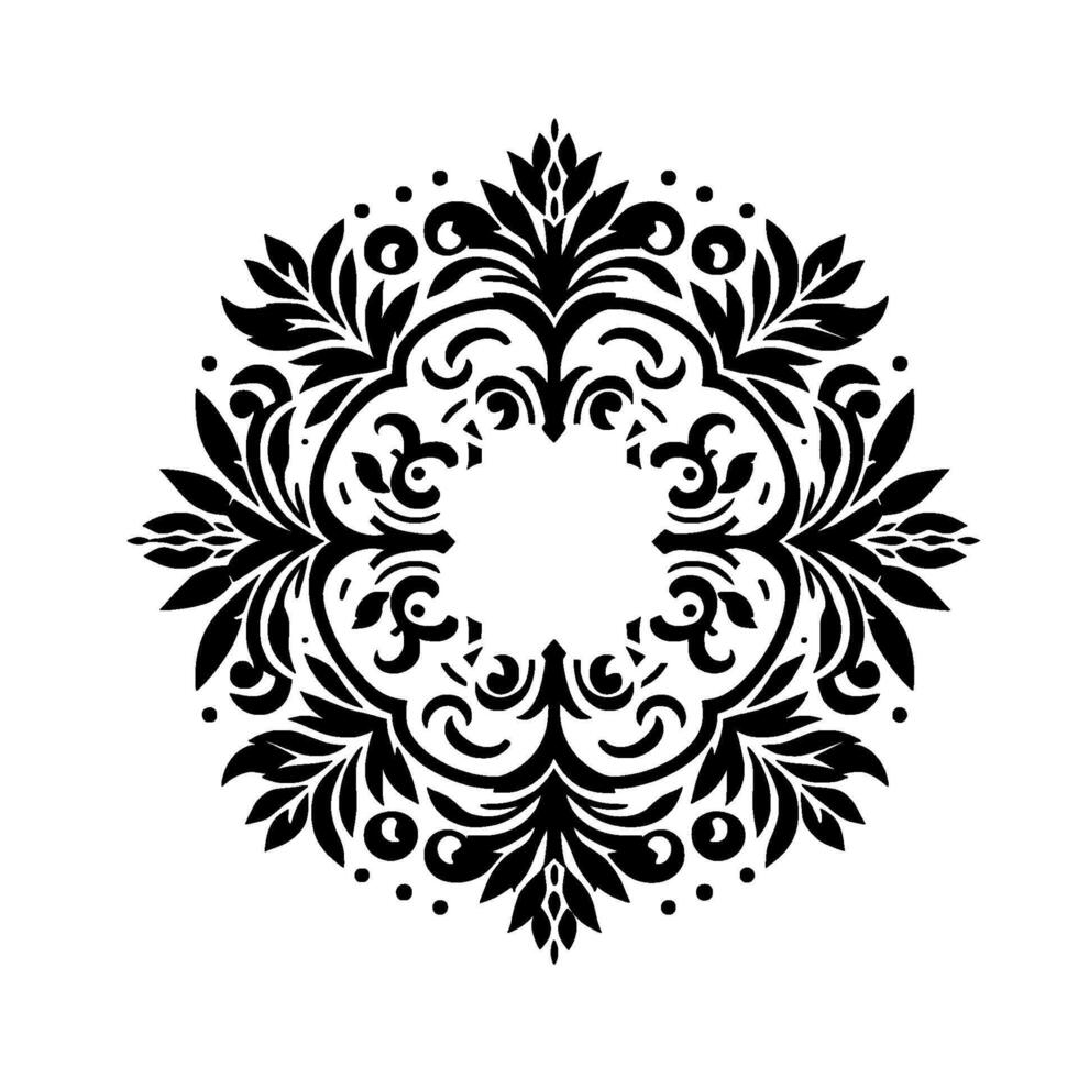 Intricate floral mandala in monochrome a symmetrical of leaves, scrolls, and dots centered on a blank canvas. vector