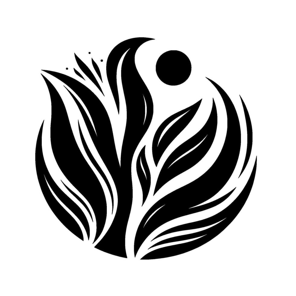Elegant black and white botanical circular design, featuring stylized leaves, a sunlike orb, and delicate sprigs, conveying harmony and natural beauty. vector