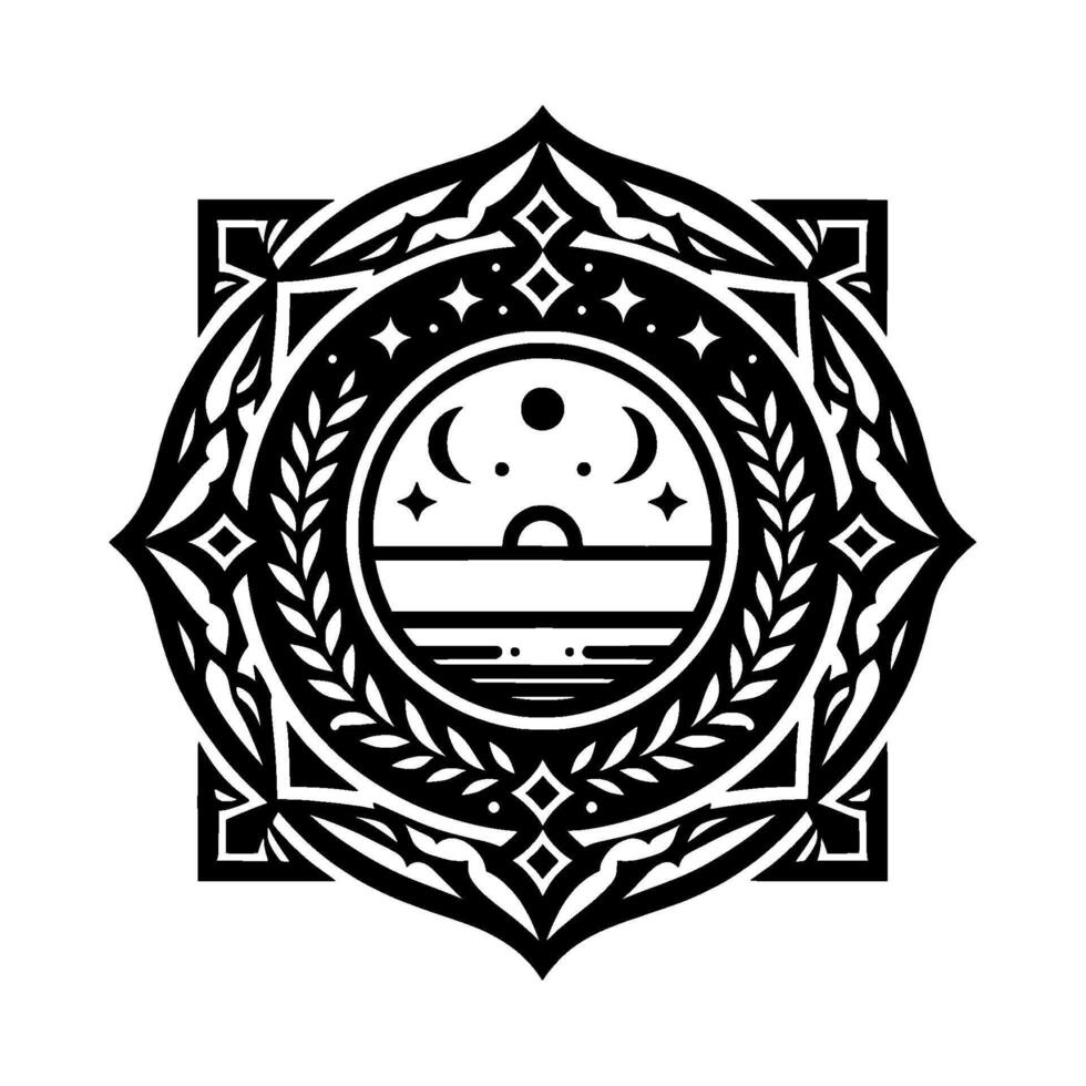 Intricate black and white mandala featuring celestial elements moon, stars, a horizon, and geometric patterns enclosed within a symmetrical, stylized floral border. vector