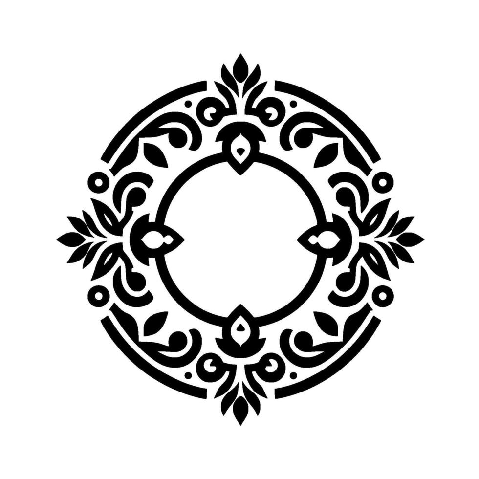 Intricate black and white ornamental circle a symmetrical floral and geometric pattern featuring a central blank space, and surrounding floral swirls on white background. vector