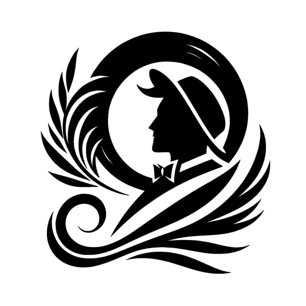 Silhouette of a man in a hat and bowtie, framed by stylized laurel and swirls, artistic black and white design. vector