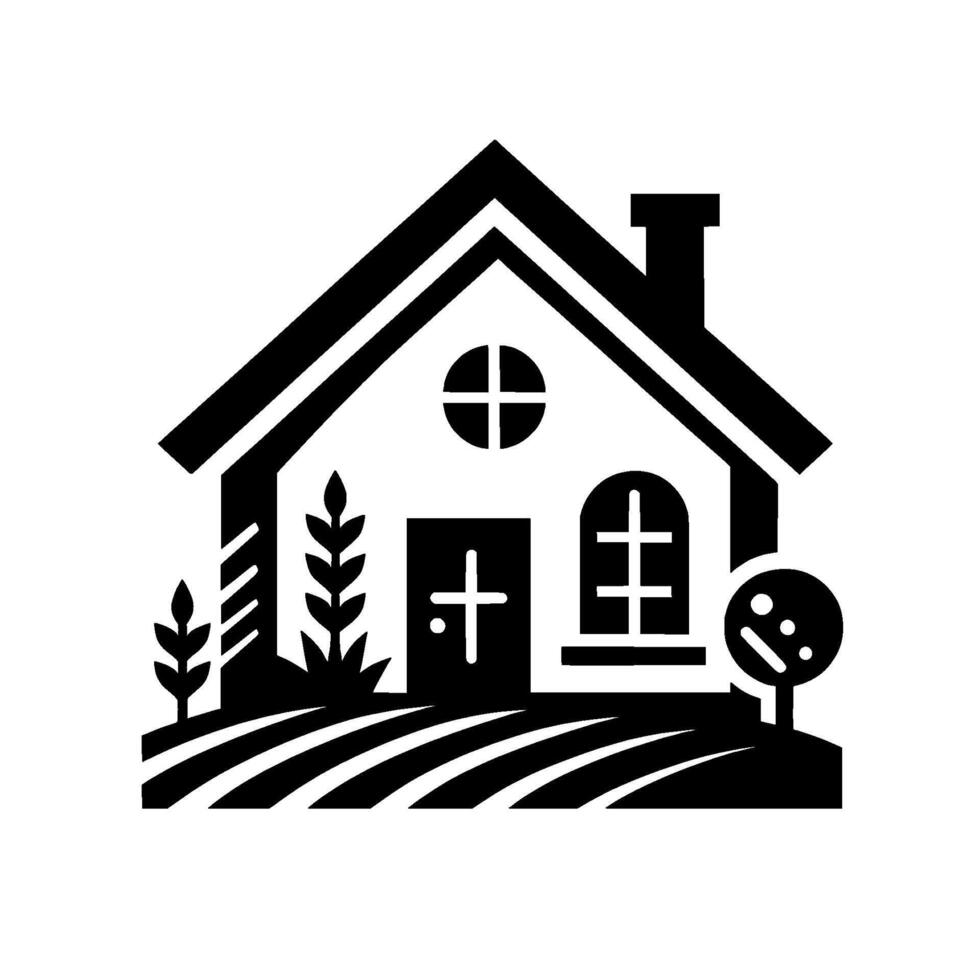 Black and white minimalist illustration of a house with a chimney, crossshaped window and door, trees, and a curved garden, set against a plain white background. vector