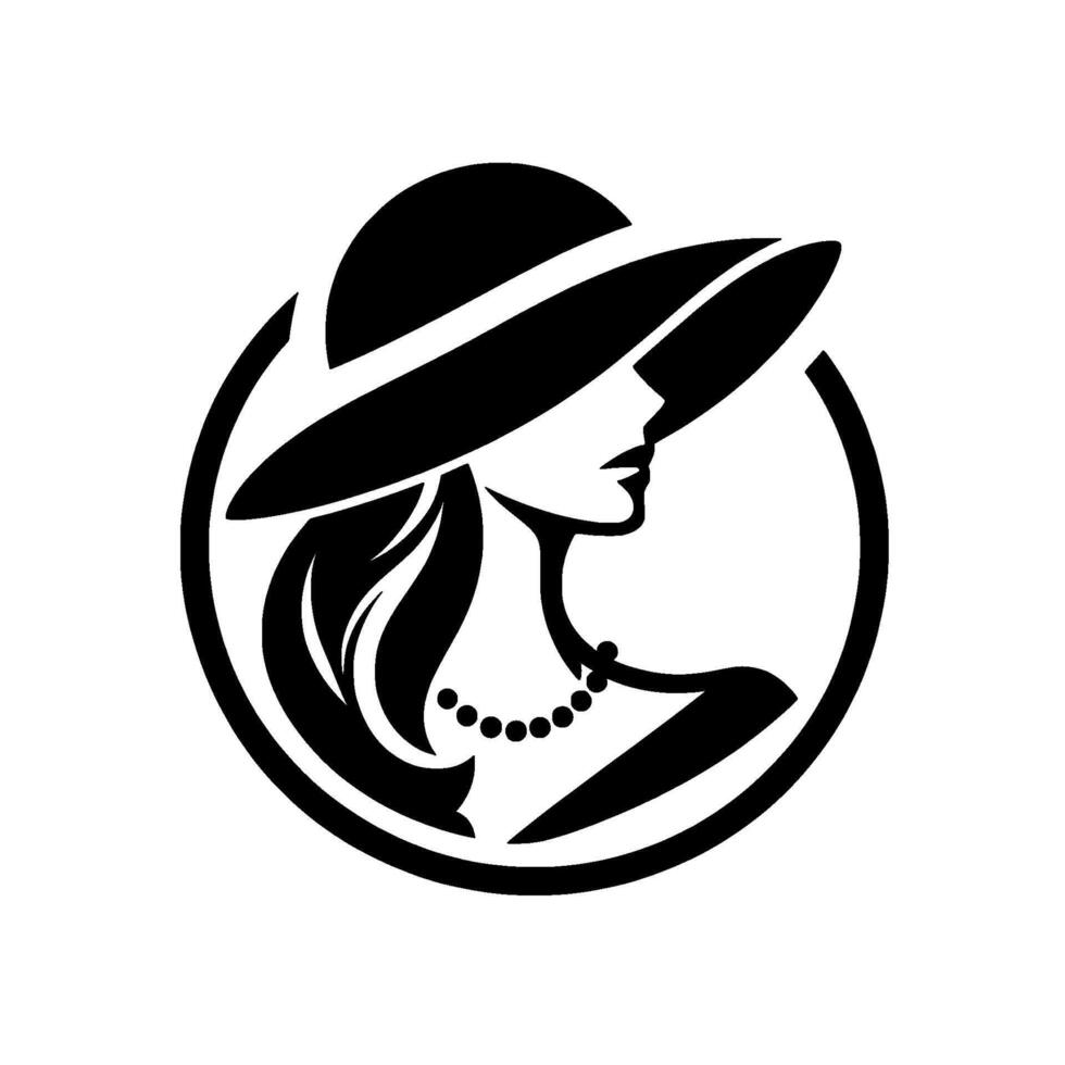Elegant silhouette a stylish woman in a widebrimmed hat and pearl necklace, framed within a clean circular design, embodying classic sophistication. vector