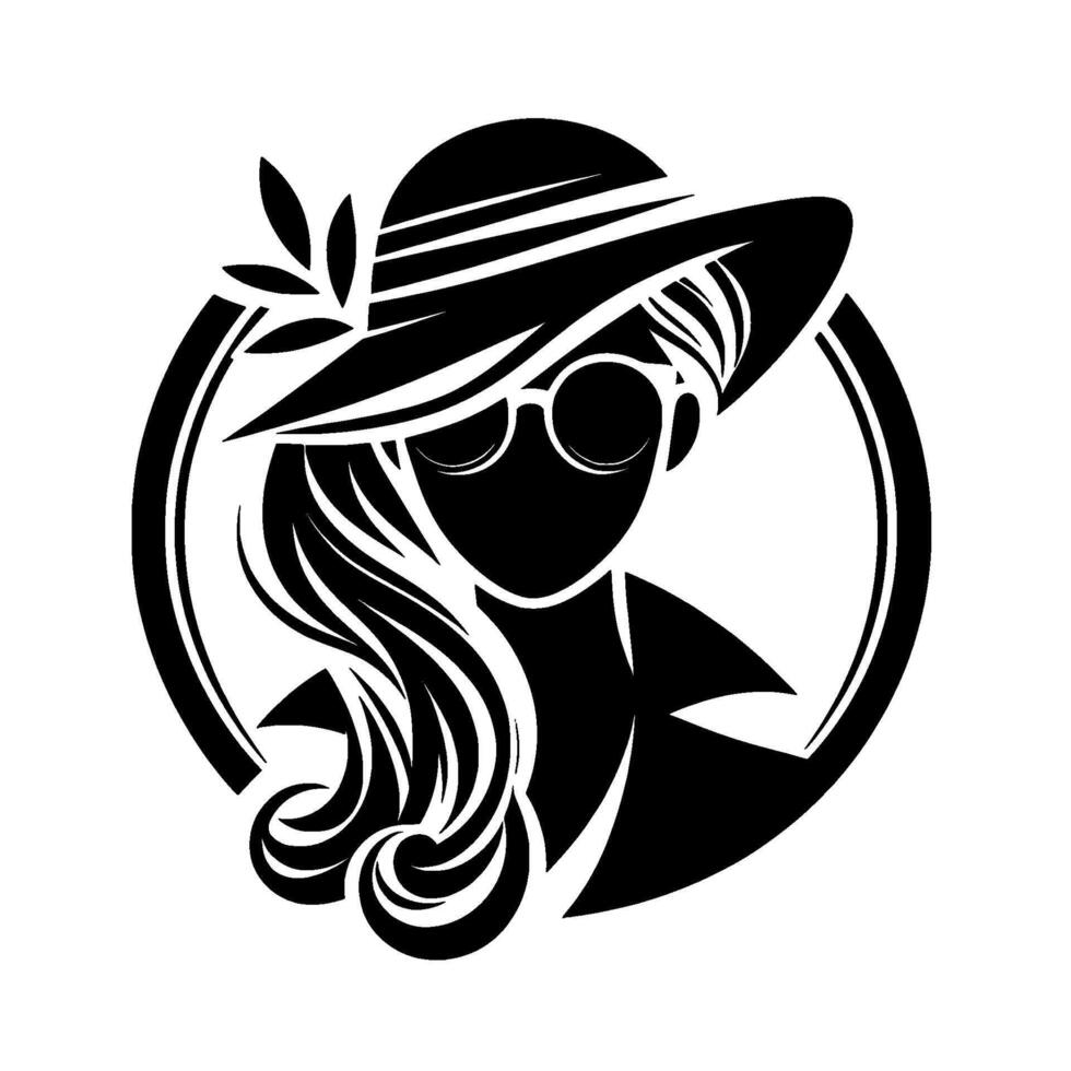 Elegant black and white silhouette of a woman in a floppy hat and sunglasses, framed within a circle, with leafy embellishments. vector