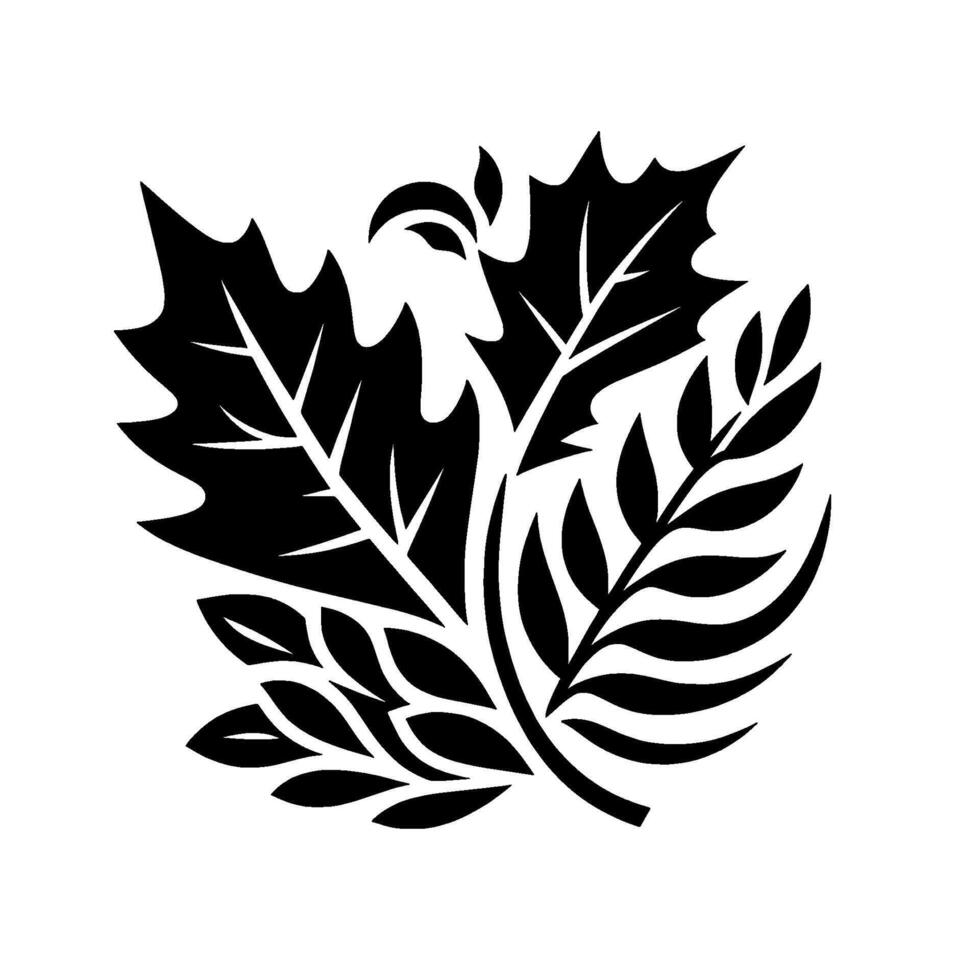 A striking monochrome botanical composition featuring stylized oak, fern, and small leaves intertwined, arranged against a pure white background. vector