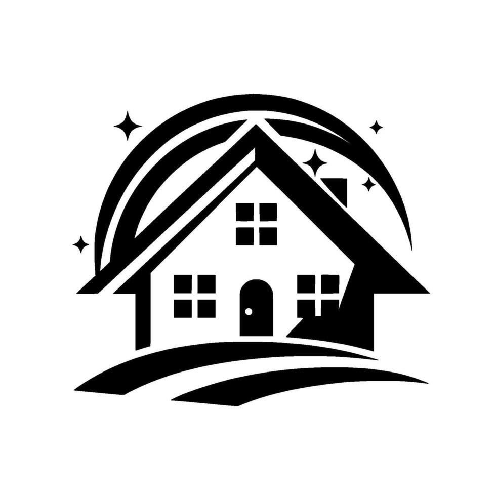 Clean home silhouette of a house, enhanced by an arched design, stars, and a ground line, all in sleek black and white, symbolizing purity. vector