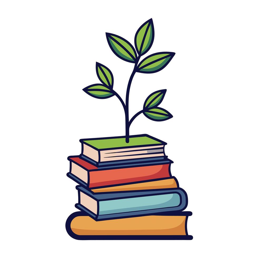 Stylized Stacked Books Icon with Plant and Modern Design Elements vector