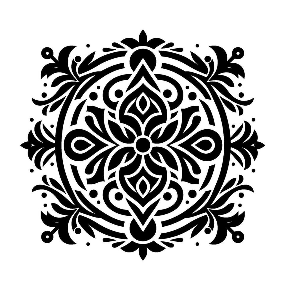 Intricate black and white circular ornamental featuring symmetrical floral and leaf motifs, accented with dots. vector