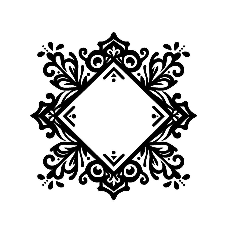 Intricate symmetrical black and white floral design, a diamondshaped blank space at the center, surrounded by decorative, flourishing elements. vector