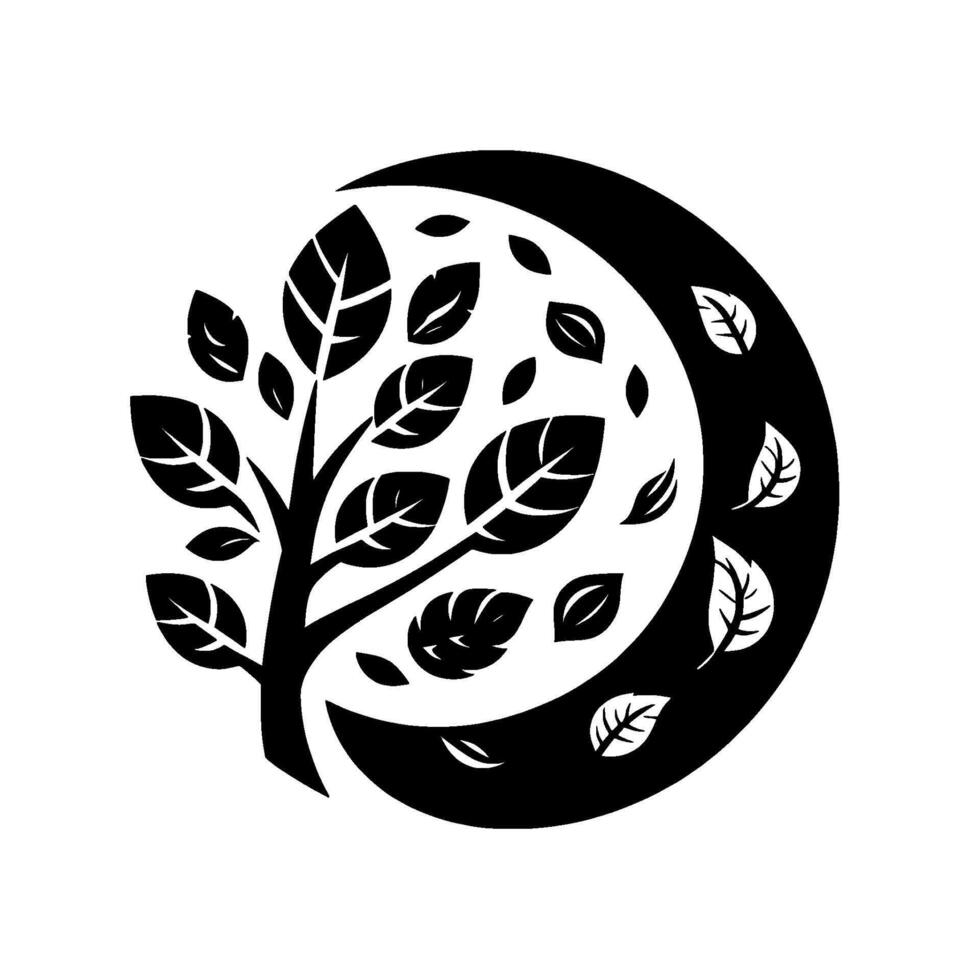 Symbolic black and white composition a tree formed within a crescent moon, featuring detailed leaves vector
