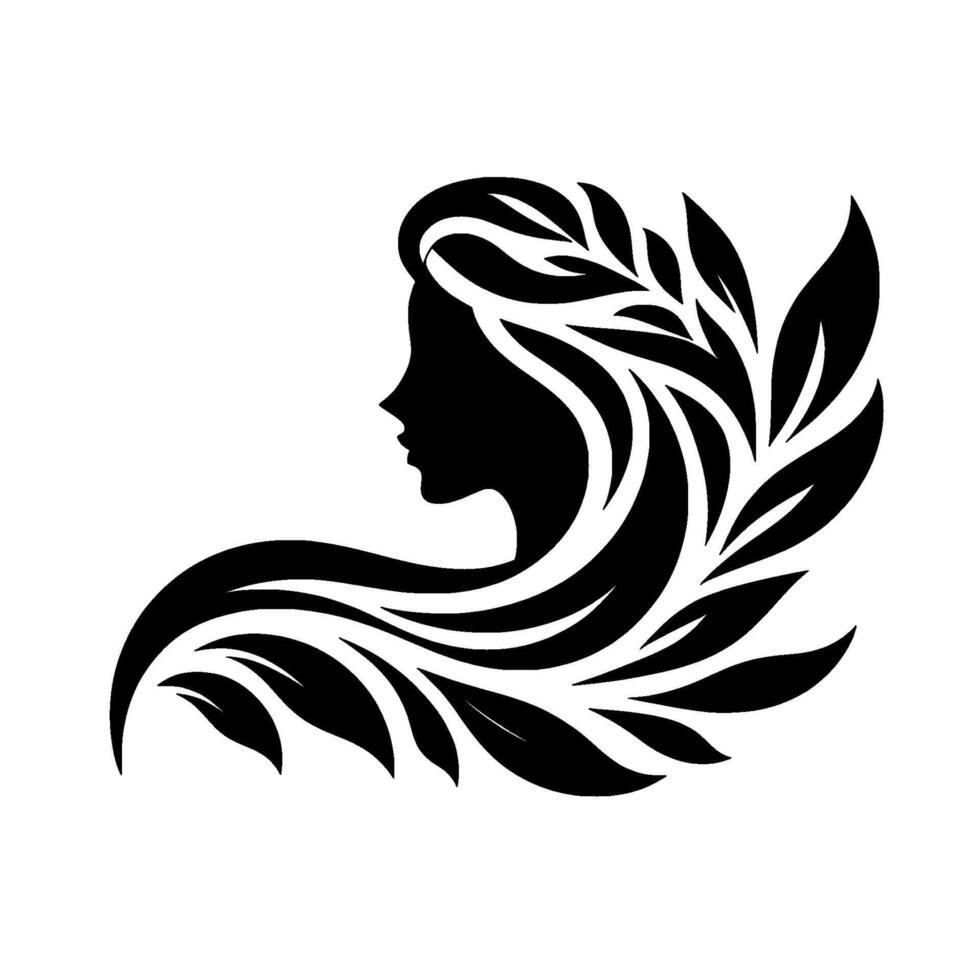 Silhouetted profile of a woman adorned with flowing hair and leafy crown, elegant monochrome on white. vector