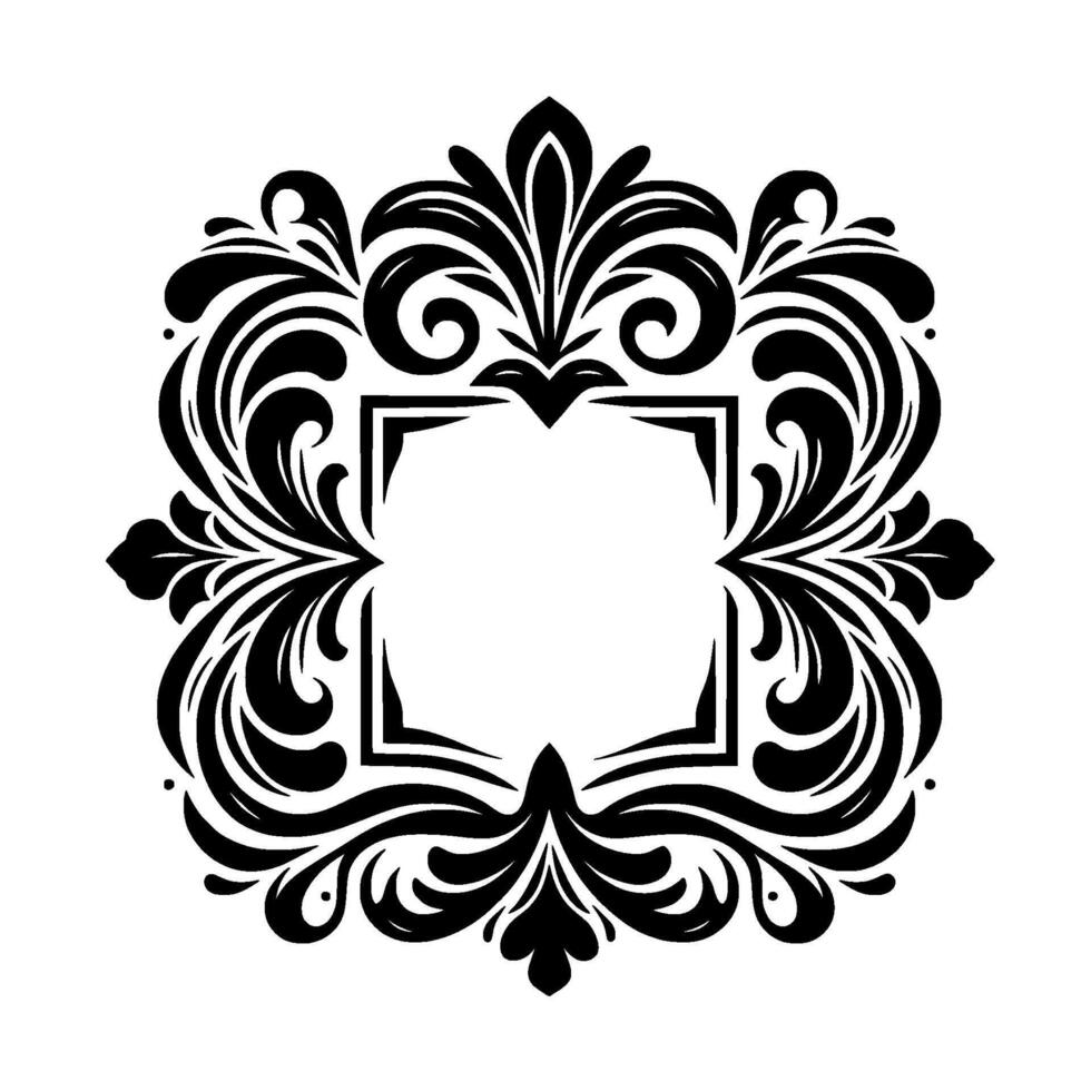Ornate black and white frame a symmetrical with elegant floral and swirling motifs surrounding a square blank center, perfect for invitations or logos. vector