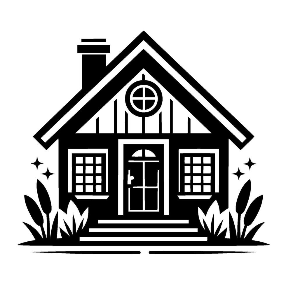 A minimalist black and white illustration of a quaint, charming cottage with a decorative window, flanked by stylized foliage and twinkling stars, evoking a sense of warmth and welcome. vector
