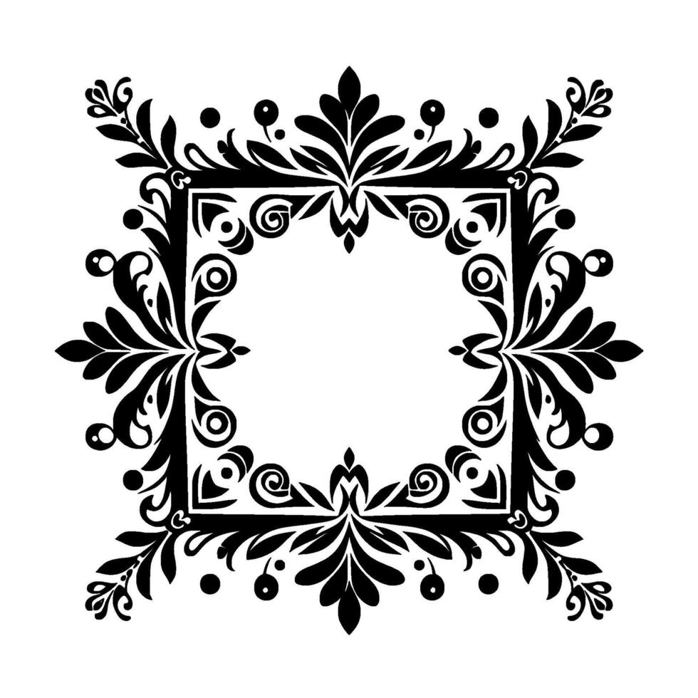 Intricate black floral border with a central square, embellished with swirls, dots, and leafy elements. vector