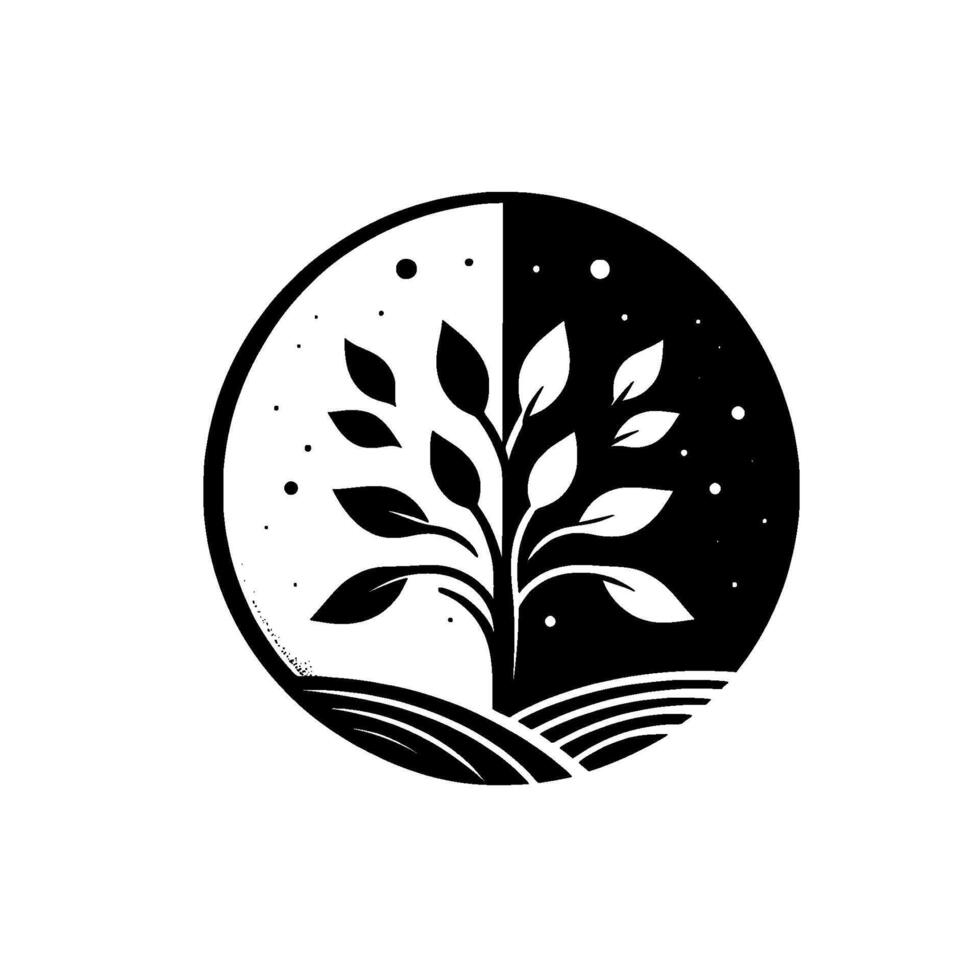 A symmetrical illustration of a tree with leaves of contrasting colors, representing duality, inside a circle divided into a white and a black half, with a stylized horizon. vector