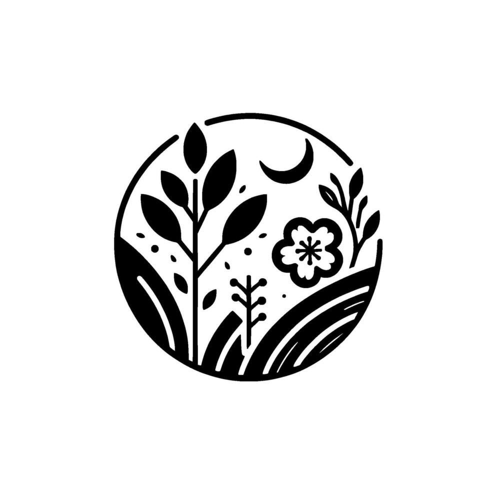 A stylized, circular illustration featuring a blackandwhite depiction of a floral scene, composed of plants, a flower, moon and land, suggesting a peaceful and minimalist aesthetic. vector