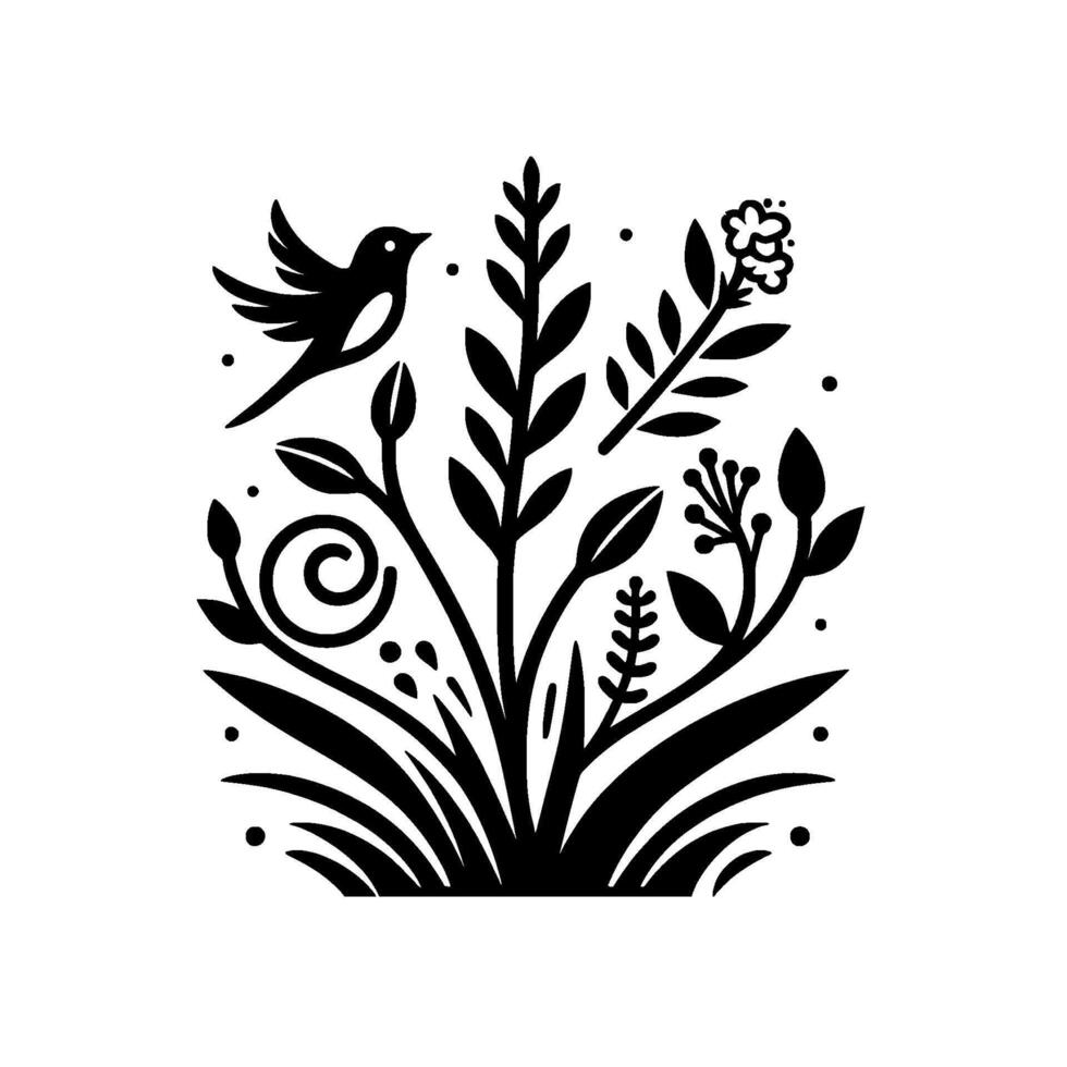 A stylized black and white illustration of a bird in flight amidst a cluster of botanical elements, including leaves, flowers, and grass. vector
