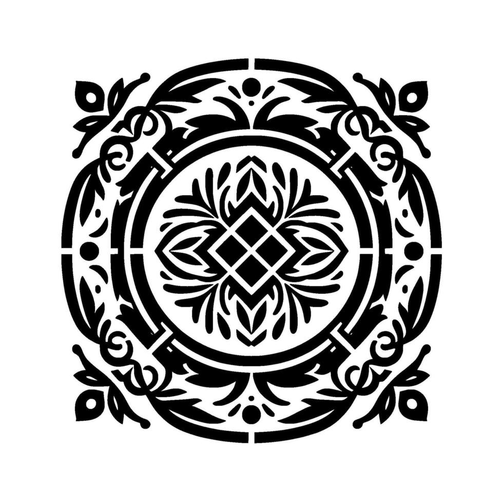Intricate black and white ornamental with geometric center, floral accents, and circular symmetry. vector