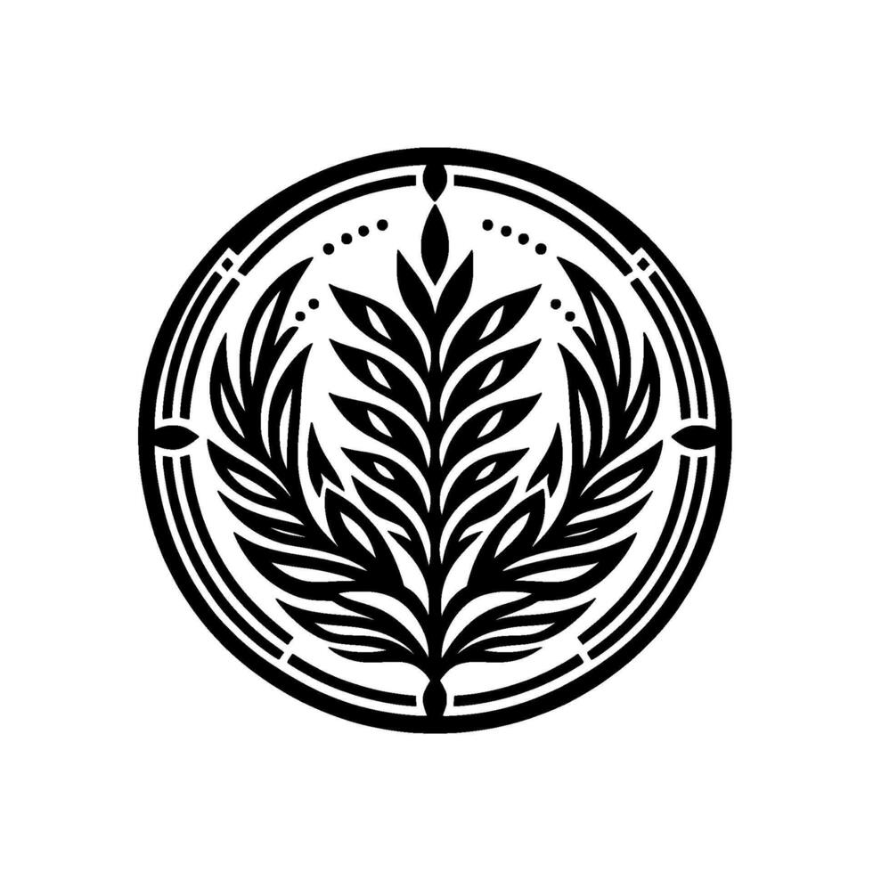 A minimalist black and white circular emblem featuring a stylized symmetrical plant within concentric circles and decorative accents. vector