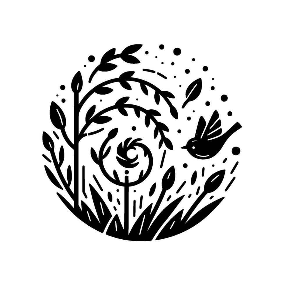 A minimalist black and white illustration of a bird flying amongst stylized plants, ferns, and leaves, forming a circular composition. vector