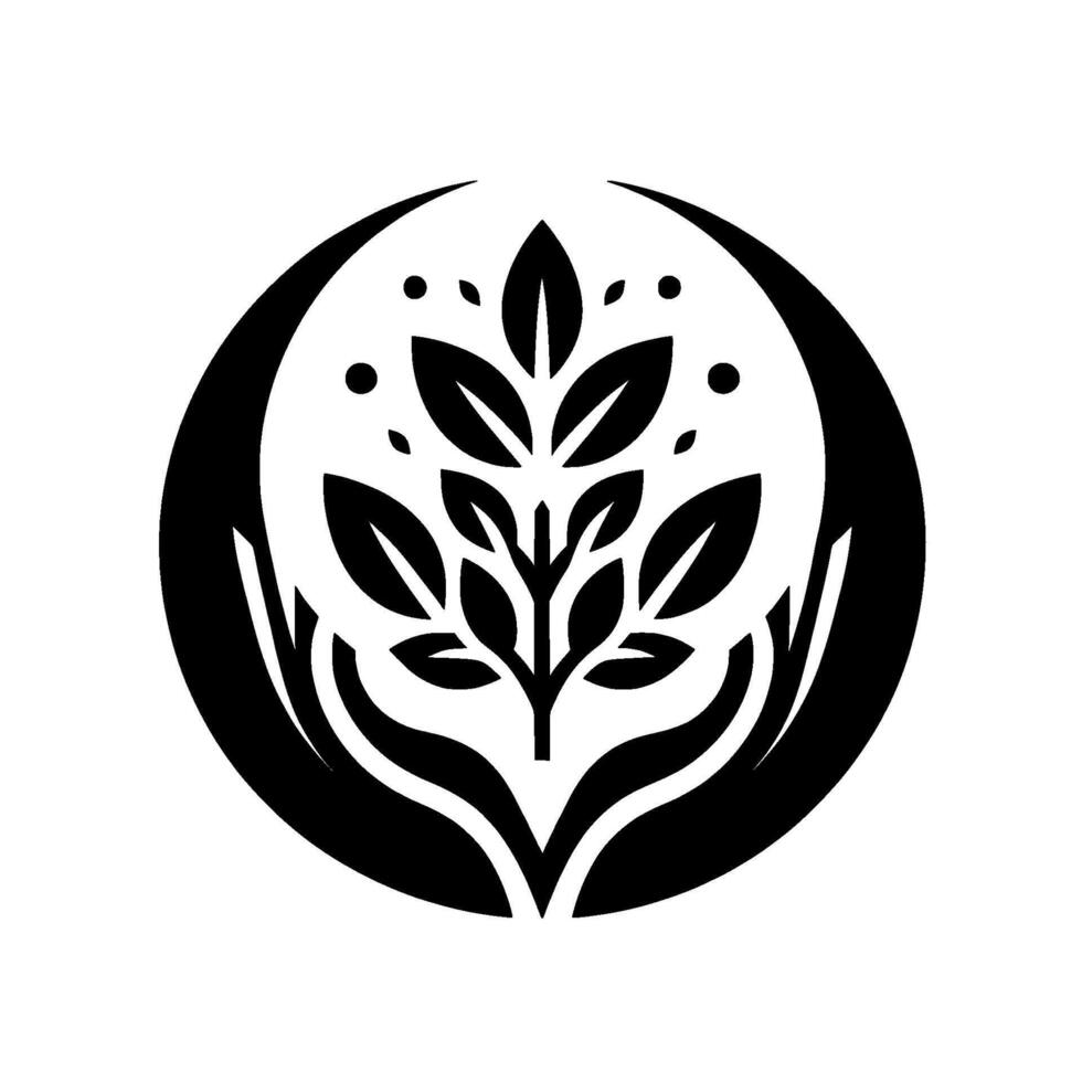 A minimalist black and white featuring a sprouting plant with leaves cradled by cupped hands within a circular frame, symbolizing growth and protection. vector