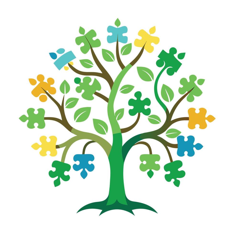 Stylized Tree Icon with Puzzle Roots and Modern Design Elements vector