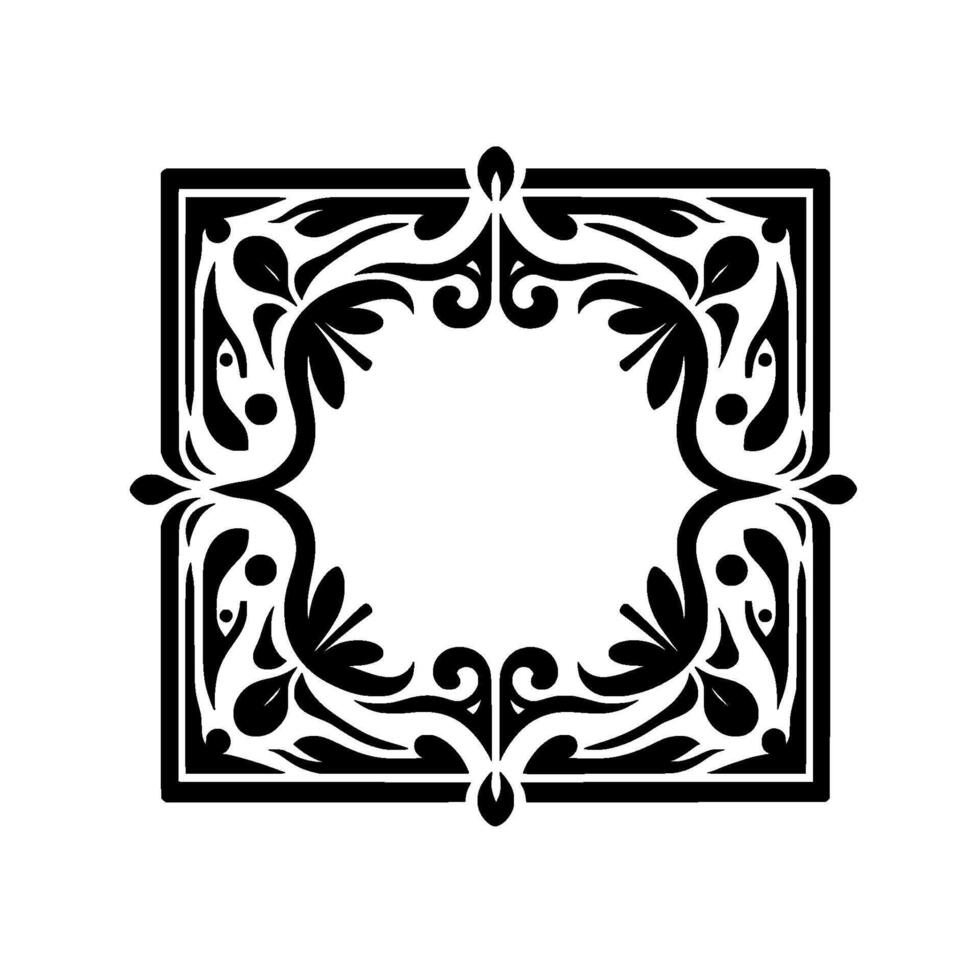 An intricate black and white decorative square frame with floral and scrollwork elements, forming an ornate border. vector