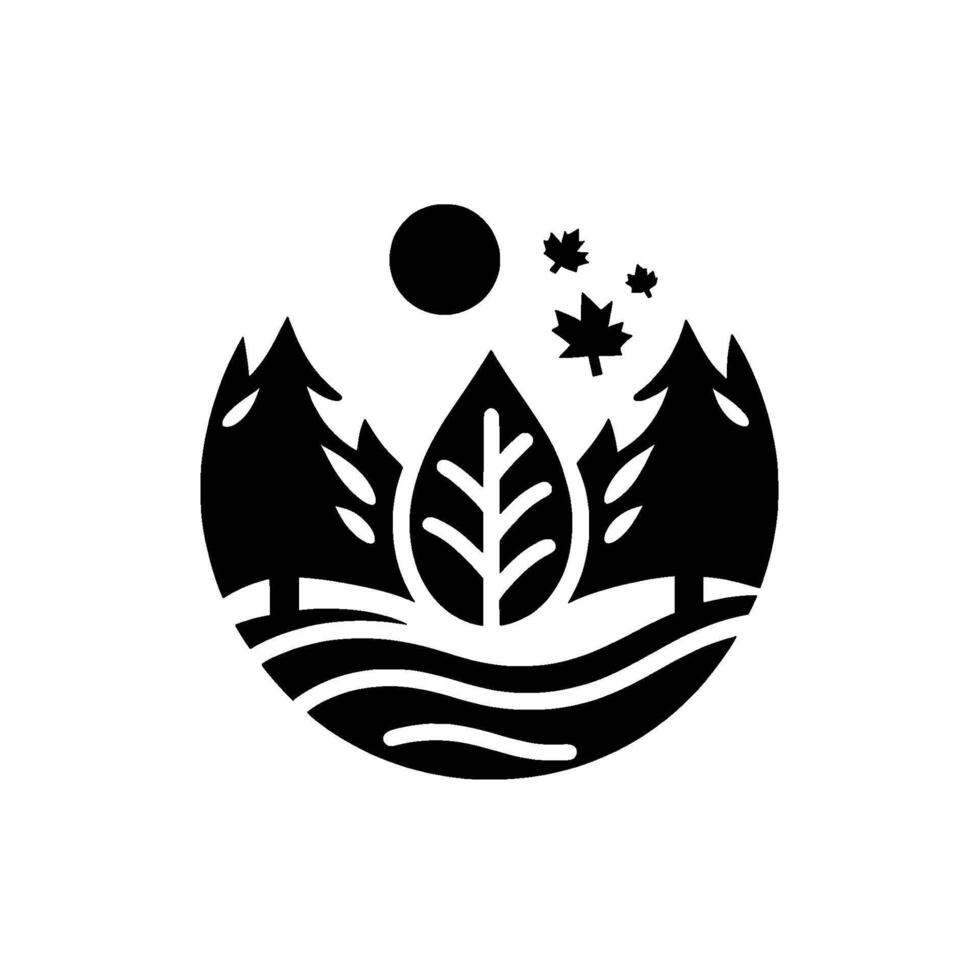 Monochromatic nature illustration a circular composition featuring trees, leaf, sun, and floating maple leaves, evoking serenity. vector