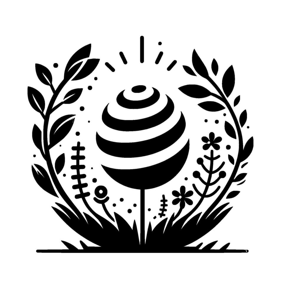 A symmetrical black and white illustration featuring a striped orb with emanating rays, surrounded by stylized plants and foliage within a circular, natural frame. vector