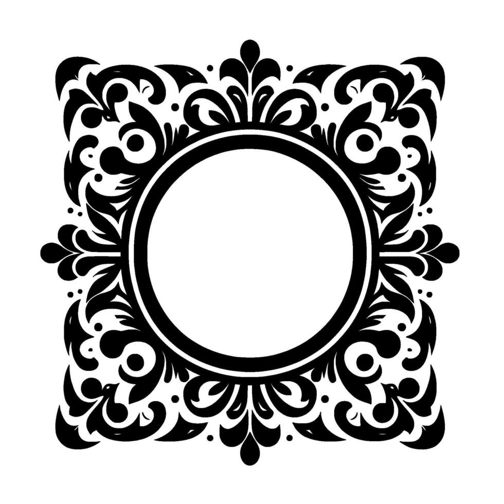 Intricate black and white ornament a symmetrical, squareframed featuring a central, circular space framed by elaborate floral and foliate patterns with delicate details. vector