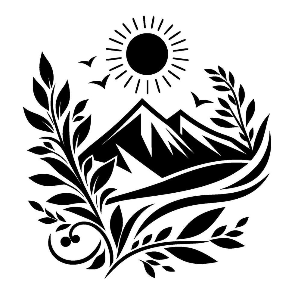 Black and white emblem of mountain landscape with sun, birds, and leafy foliage, symbolizing natures harmony. vector