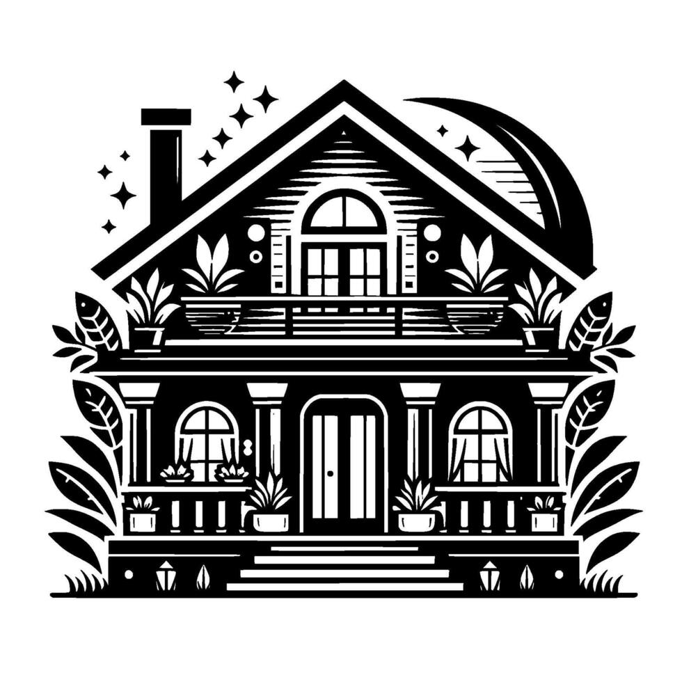 An elegant black and white illustration of a charming twostory house adorned with plants, stars, and stylized floral elements, evoking a sense of serenity and domestic bliss. vector