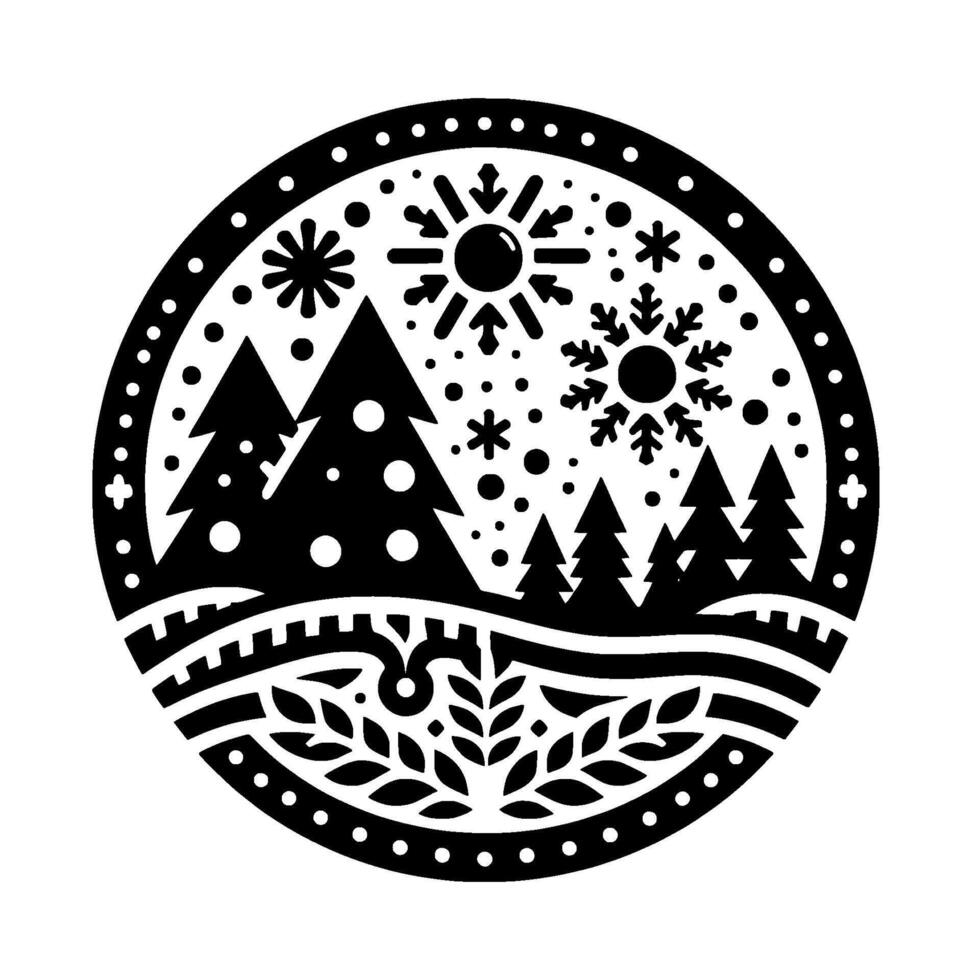 A circular, monochromatic winter landscape featuring trees, snowflakes, sun, and decorative foliage elements, evocative of the holiday season. vector