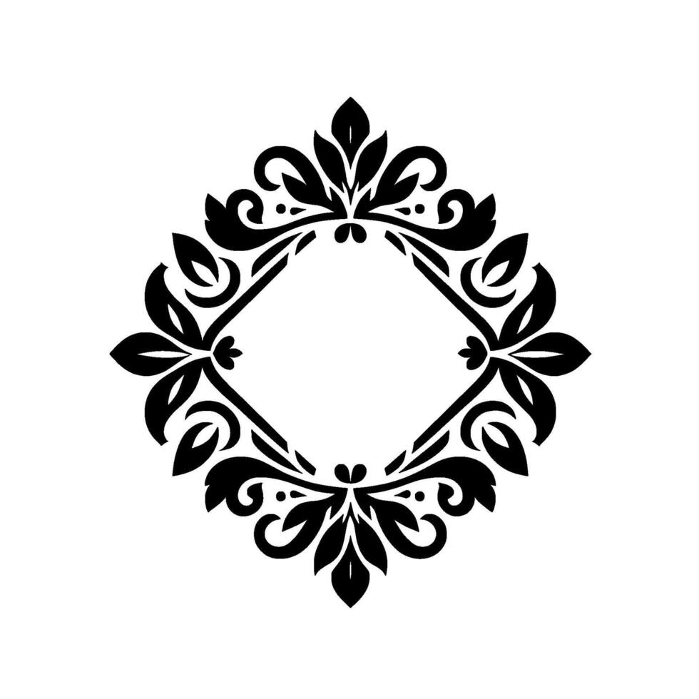 Elegant black and white floral frame with symmetrical leaf and swirl designs centering a diamond shape. vector