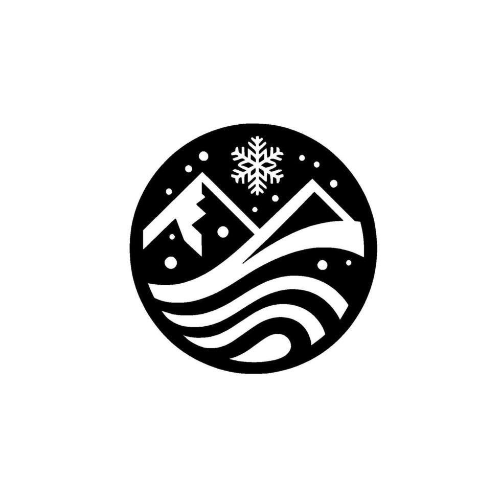 Minimalist circular black and white illustration of snowy mountains, waves, and a snowflake, evoking a winter landscape. vector