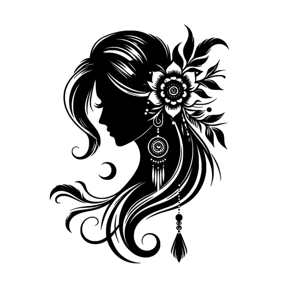 Elegant silhouette a womans profile in black and white, adorned with floral elements, flowing hair, and bohemianinspired earrings. vector