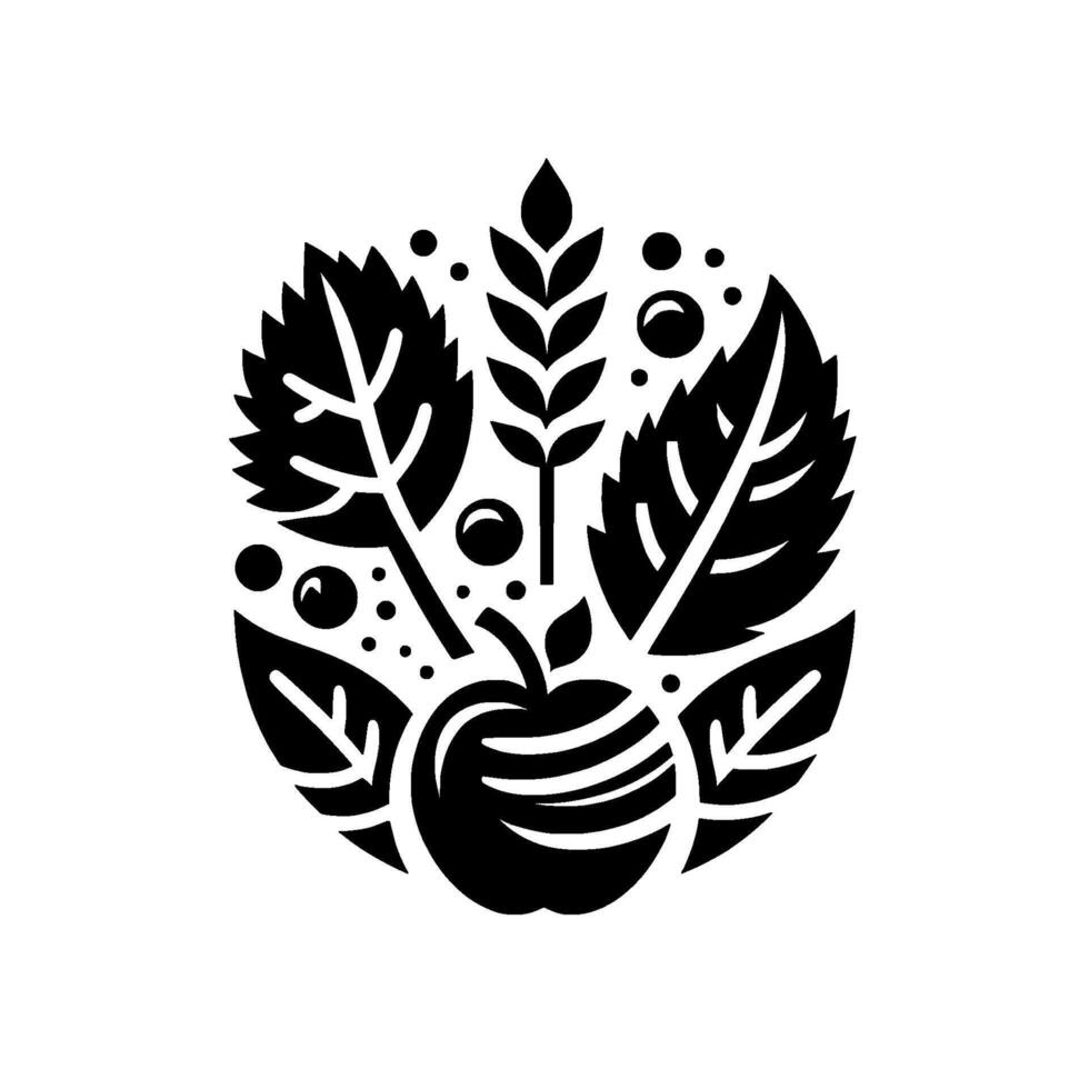 Abstract black and white of an apple, leaves, and wheat in an organic circular composition. vector