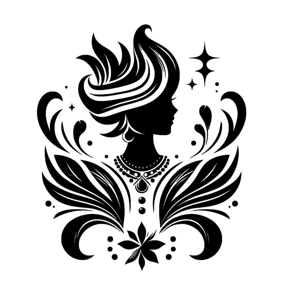 Silhouette of a woman adorned with flowing hair and floral ornaments, elegant black and white design. vector