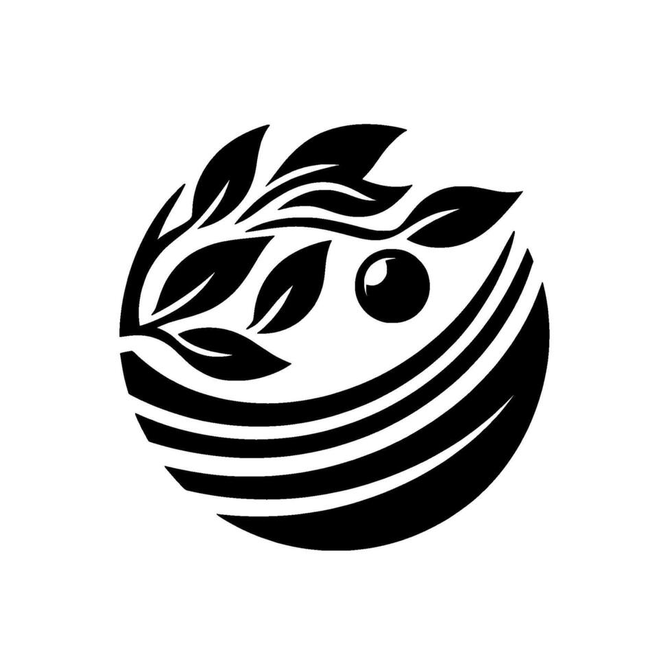 Stylized black and white featuring a branch with leaves, an orb, and curved lines within a circular composition, symbolizing natures harmony. vector