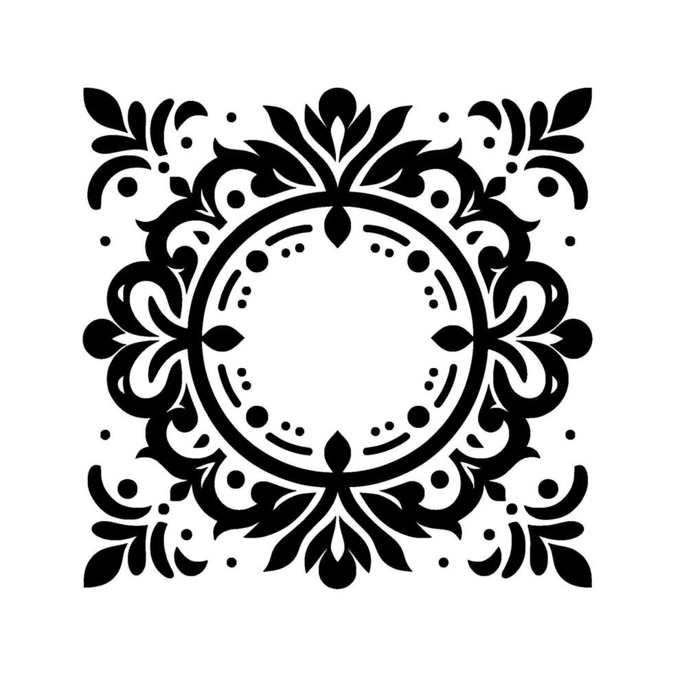 Ornate black floral emblem in square frame symmetrical with a central circle, surrounded by stylized leaves and flourishes, set against a pure white background. vector