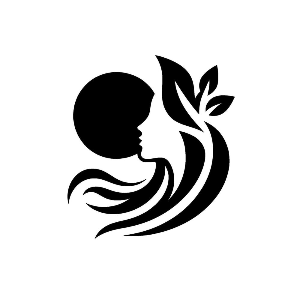 Elegant silhouette of a woman with flowing hair, moon, and leaves, symbolizing beauty, nature, and serenity in a clean, minimalist design. vector