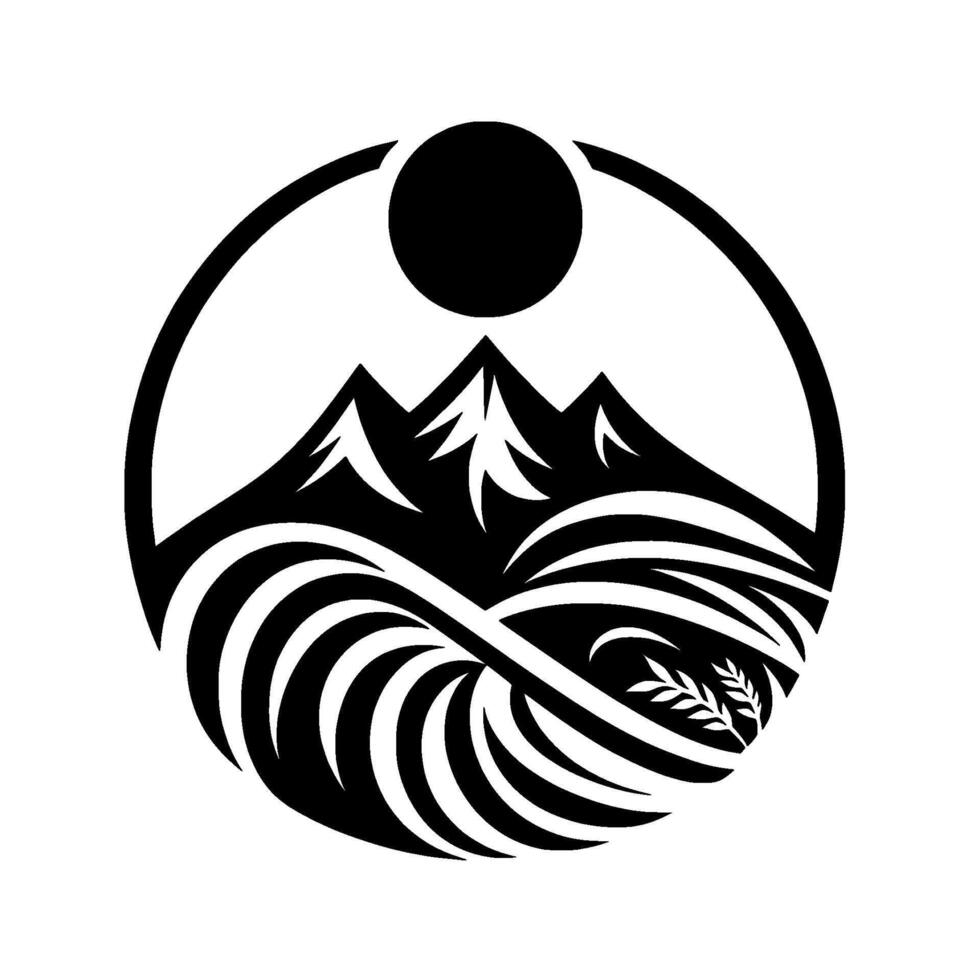 Black and white circular emblem featuring mountains, wheat field, sun, and a stylized landscape vector
