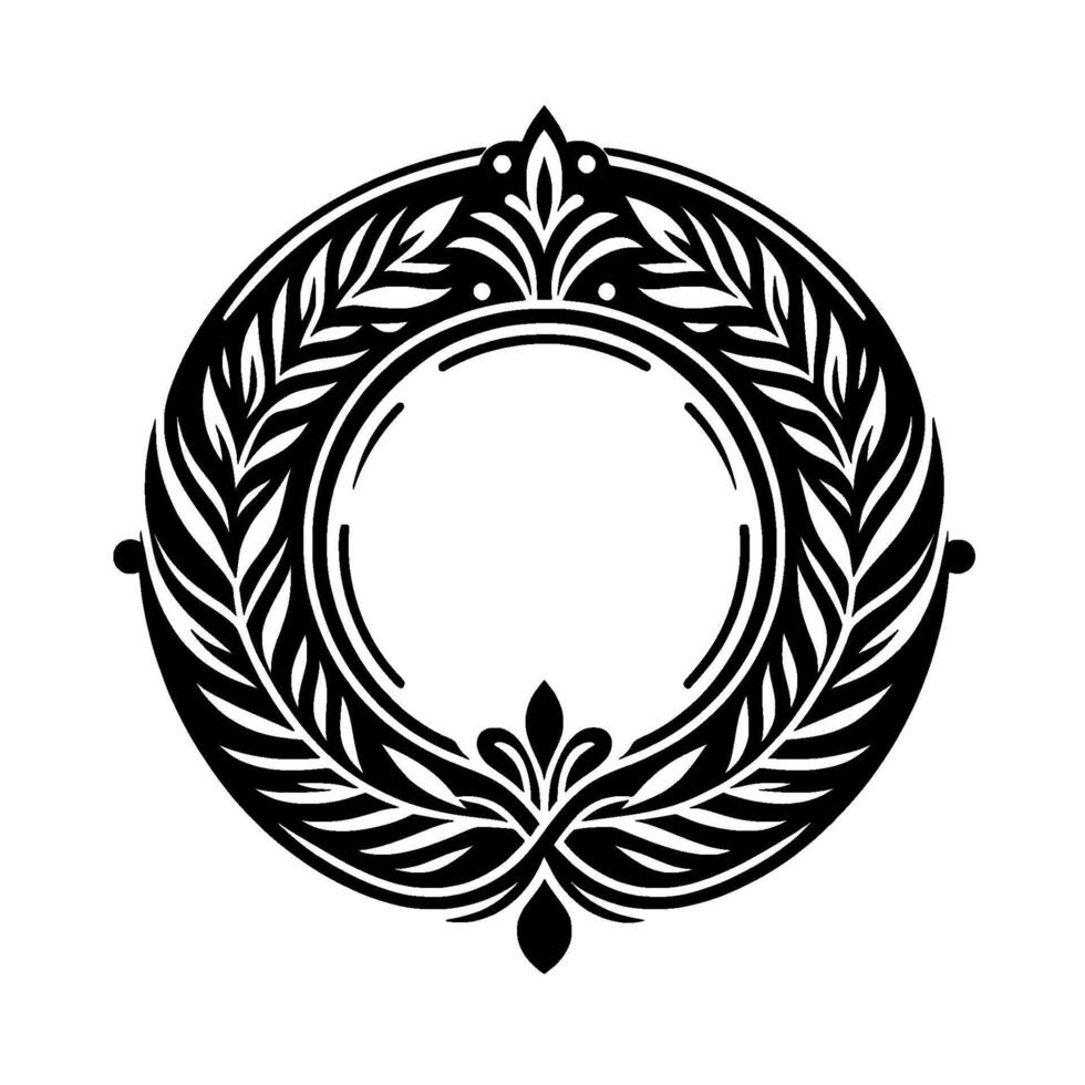 Elegant black and white circular ornament with floral and leaf motifs, embellishing a blank circular center. vector