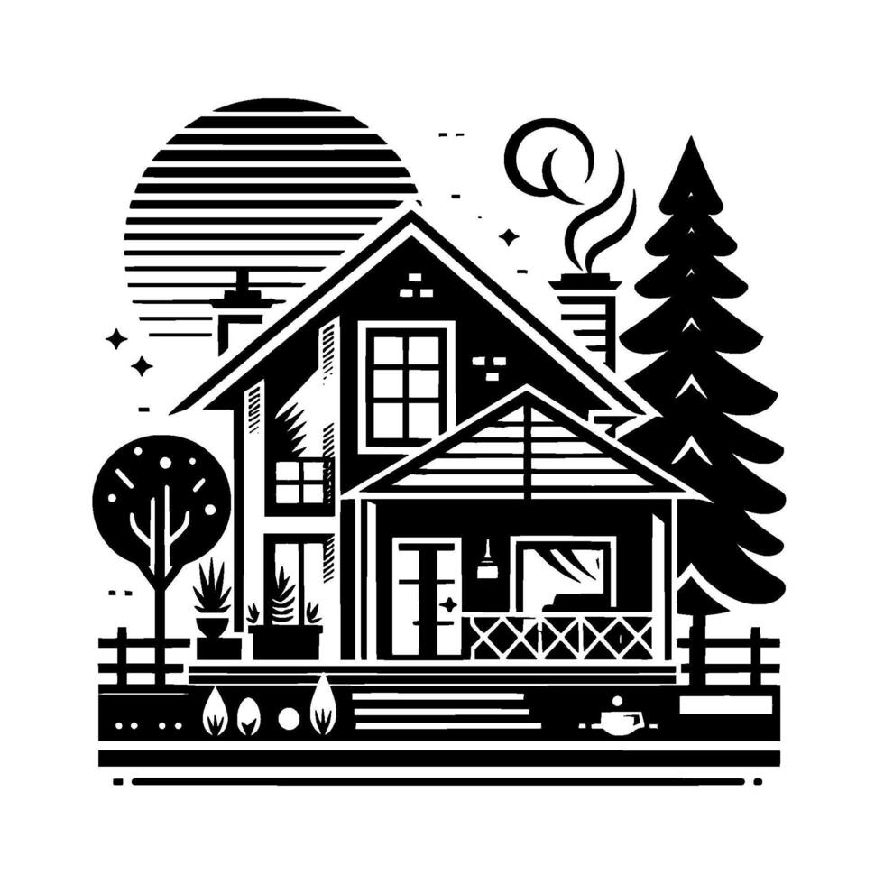 A minimalist black and white illustration of a cozy cabin nestled amidst trees, with smoke rising from the chimney, a setting sun, and a porch. vector