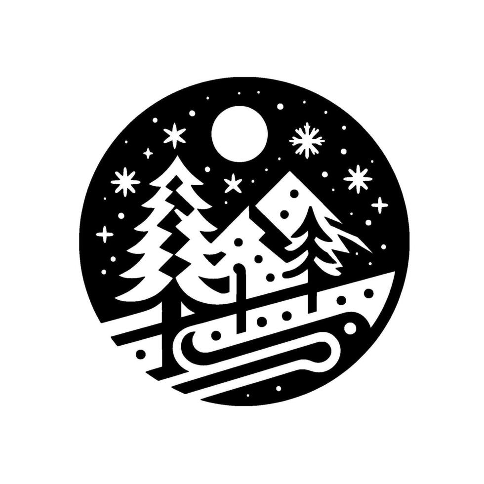 A monochrome winter scene enclosed in a circle, featuring stylized pine trees, snowy mountains, snowflakes, a moon, and a sledding path. vector