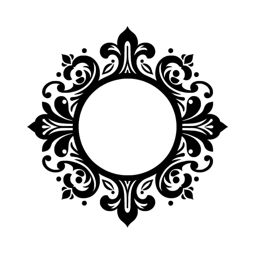 Ornate black and white circular decorative frame with floral and curvilinear elements, centering a blank white circle, elegant aesthetic. vector