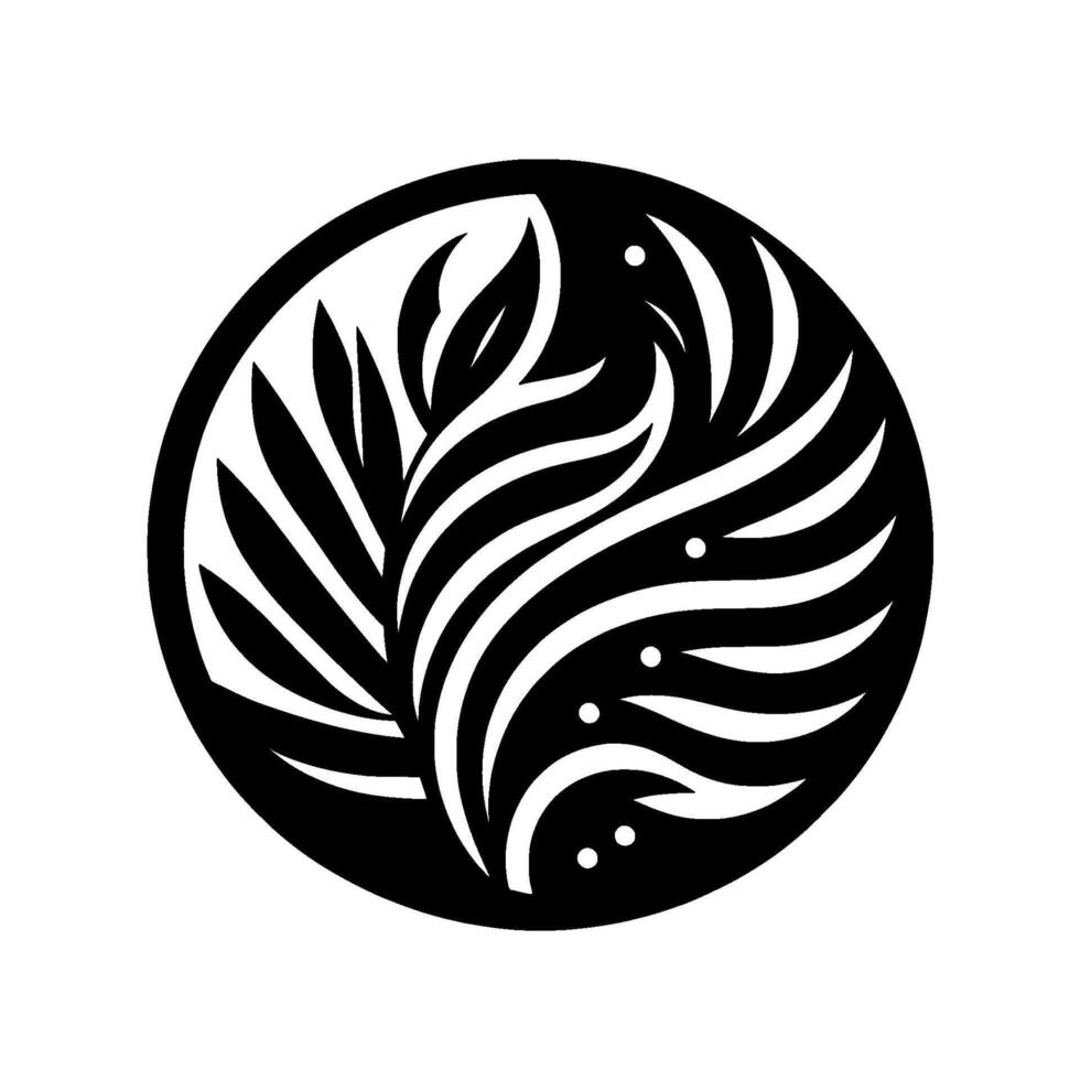 Intricate black and white circular abstract illustration of intertwined foliage, leaves and flowing lines with dot accents. vector